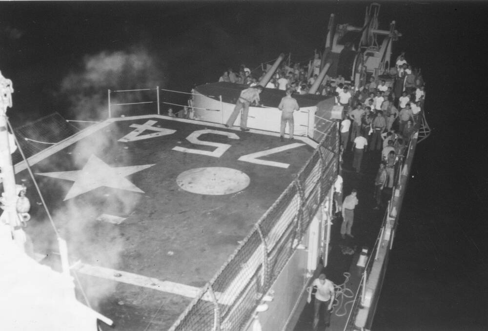DISASTER: A photo from HMAS Melbourne of US destroyer Frank E. Evans after the collision, June 3, 1969. Image: Navy Historic Archive