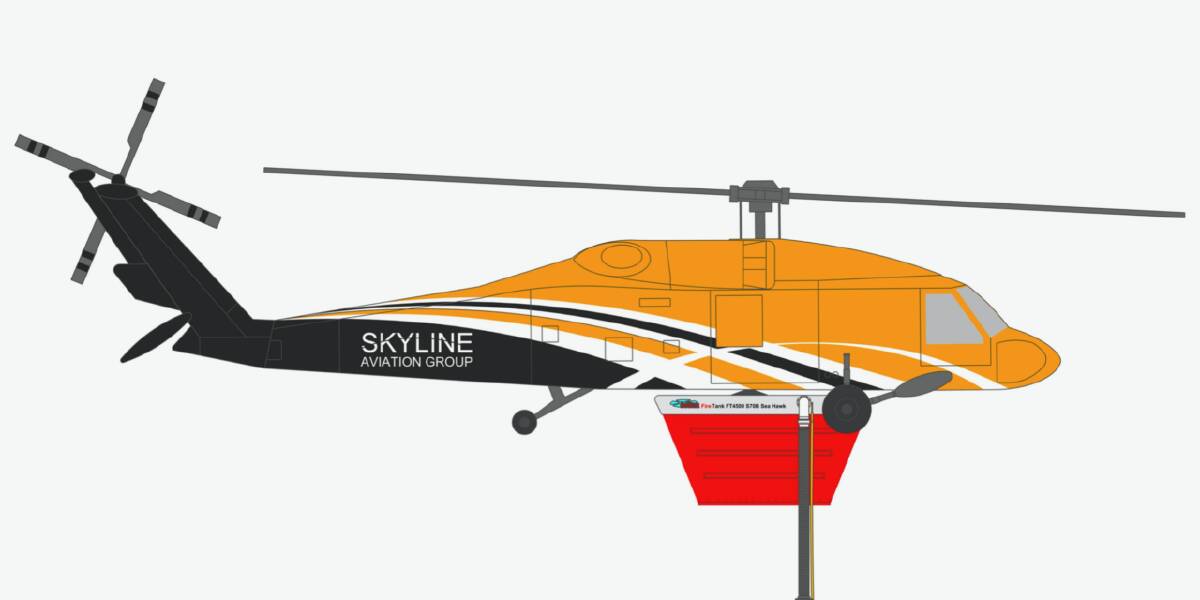 CONCEPT: How the Seahawk helicopter would look under the proposed conversion plan. Either a bucket or tank could be used to carry water. 
