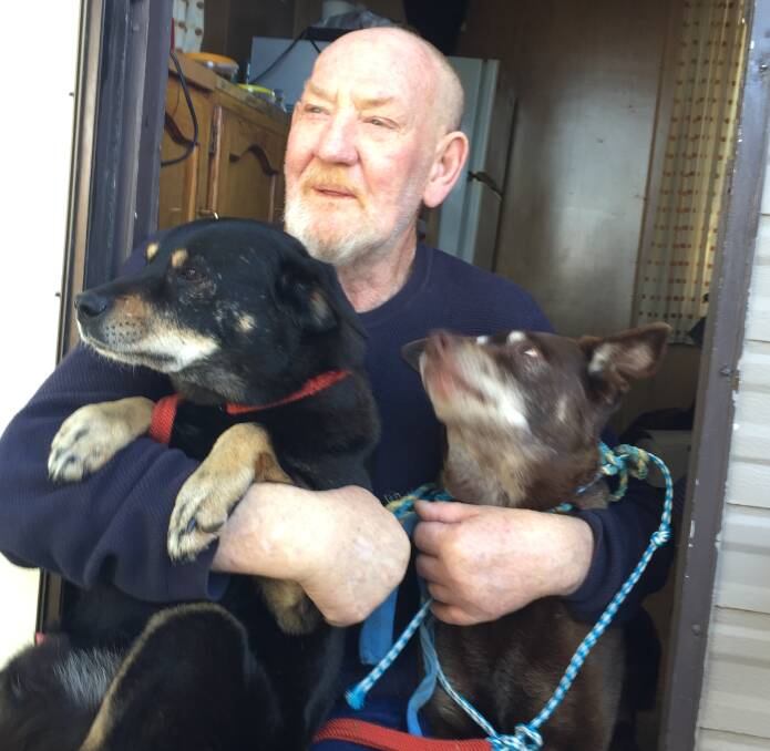 
BACK TOGETHER: Michael Dadd who survived four days on a flooded Pig Island in the Shoalhaven River reunited with two of his beloved dogs Ned and Odon.
