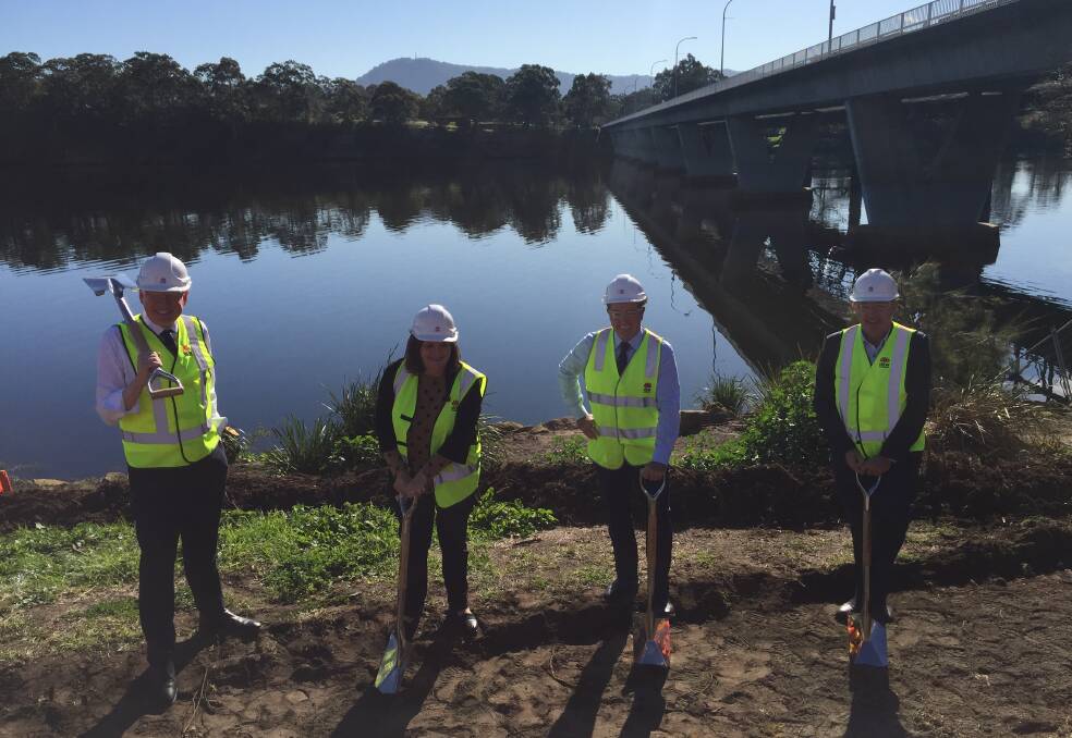 PROUD: Kiama MP Gareth Ward, South Coast MP Shelley Hancock, NSW Minister for Regional Transport and Roads Paul Toole and assistant minister to the Deputy Prime Minister, Kevin Hogan at the site where the southern end of the new $342 million Nowra bridge will be.