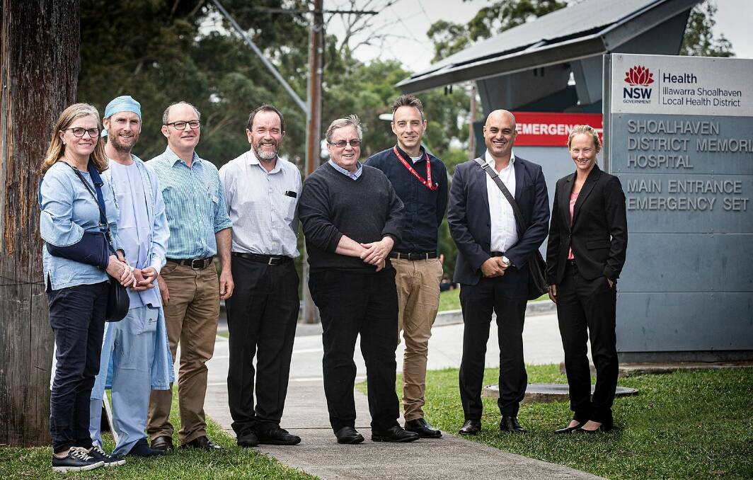 Specialists, Drs Amanda Venables, Murray Campbell, Stuart Haggie, Amit Kapur and Katie French, with fellow Shoalhaven Districtl Hospital specialists Dr Bill Pratt, Dr Jeremy Christley and Dr Martin Jones (centre) who helped train the UOW graduates. Photo: Paul Jones