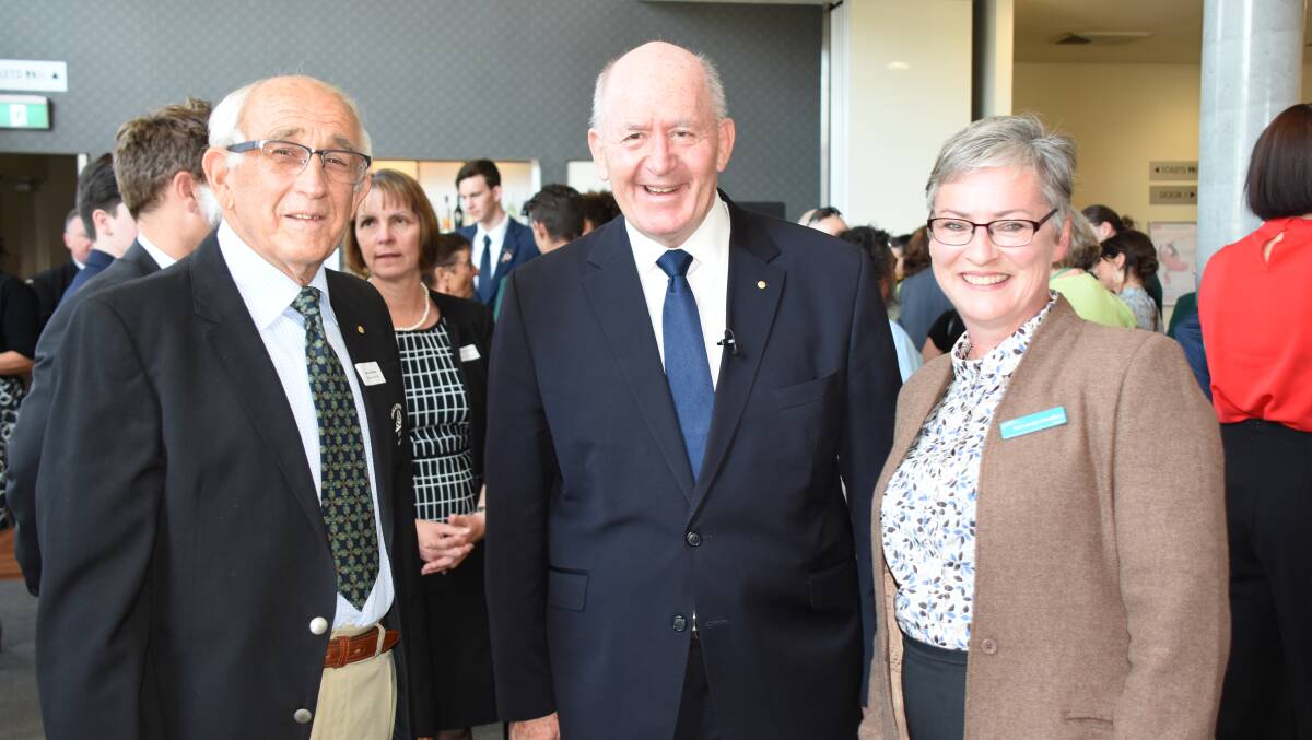 Mollymook Surf Lifesaving legend Ivan Johnson with Governor General Sir Peter Cosgrove and Shoalhaven Mayor Amanda Findley.