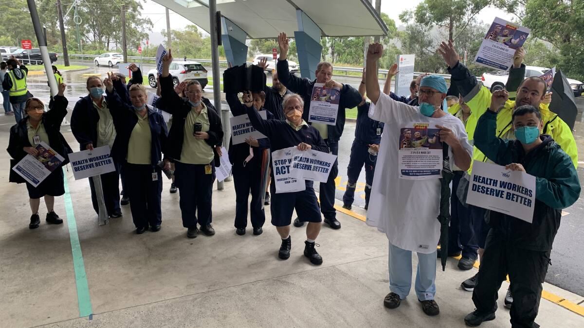 RALLY: Shoalhaven Health Services Union members walked off the job on Thursday over the fight for pay increases, rallying outside at Shoalhaven District Hospital. Image: Supplied