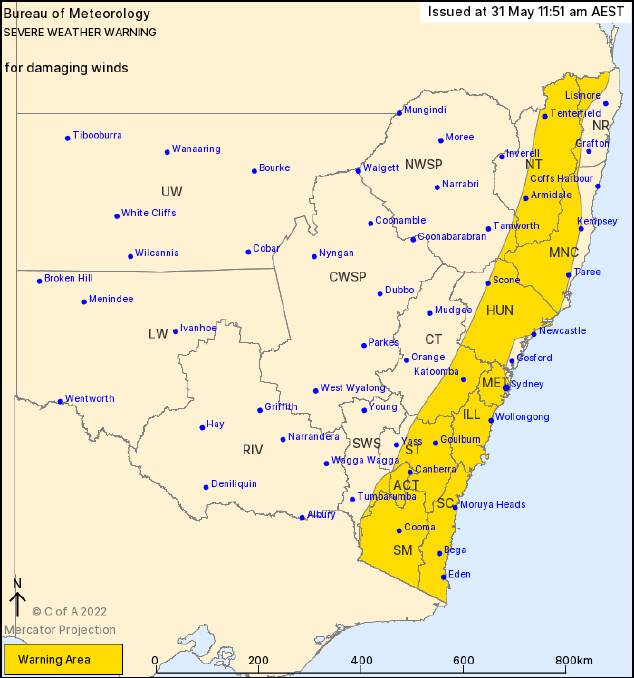 WARNING: A severe weather warning for damaging winds has been issued for large parts of NSW.
