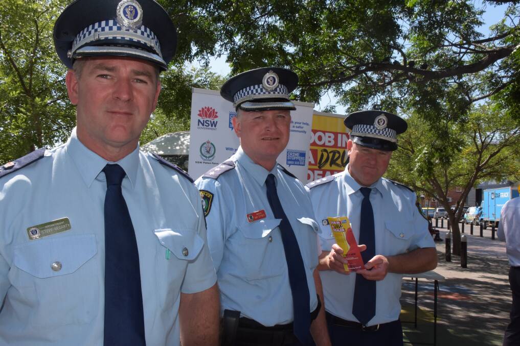 South Coast Police District Commander, Superintendent Steve Hegarty, officer in charge of Nowra Police Station Inspector Ray Stynes and Acting Inspector Simon Shalala at the Nowra launch of 'Dob in a Dealer' in February.