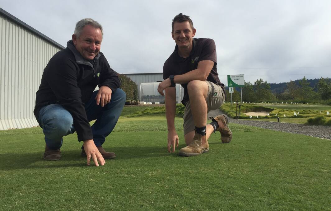 TOP TURF: Lawn Solutions Australia managing director Gavin Rogers (left) and commercial and research development manager Joe Rogers with the TifTuf turf that has become the first turf grass in the world to receive the Smart Approved WaterMark. 