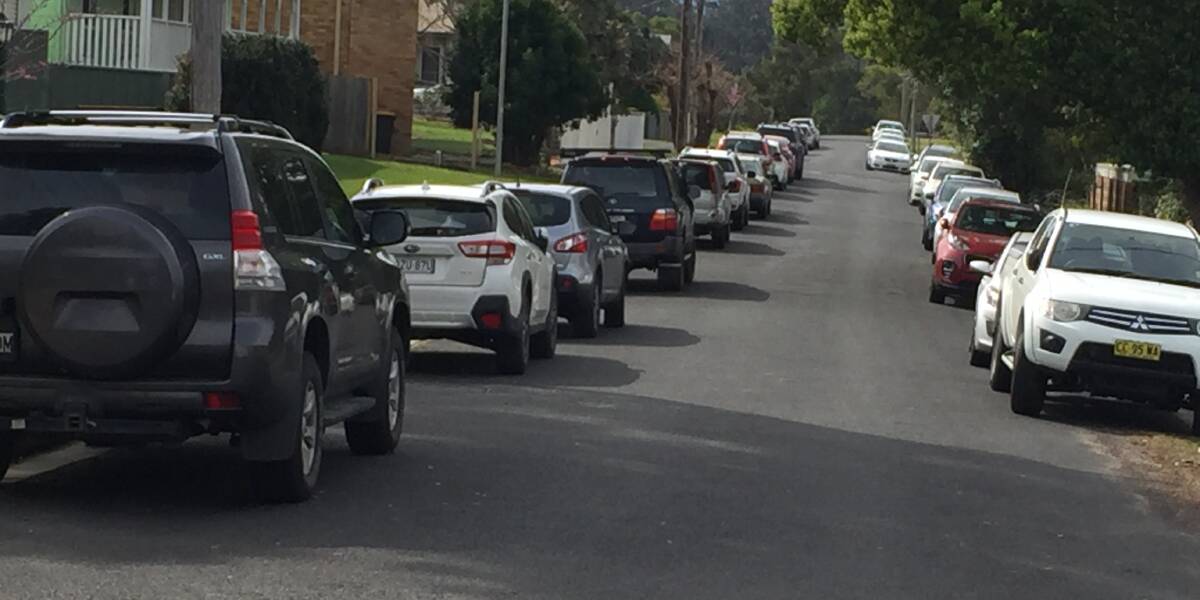 CHOKED: Colyer Avenue, just a block from the Shoalhaven District Hospital, has been reduced to a single lane road due to cars parking on both sides of the road.
