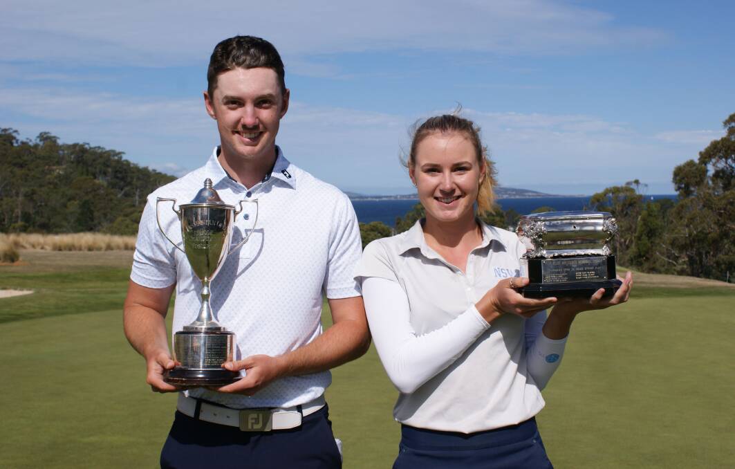 TRUE BLUES: Milton's Kelsey Bennett and Hunter Valley's Josh Fuller celebrate their superb victories in the Tasmanian Open. Photo: Golf NSW
