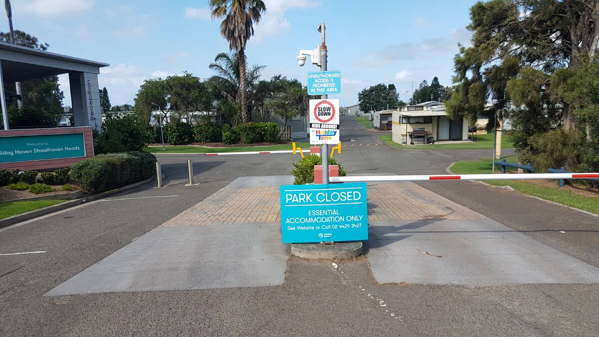 CLOSED: The closed sign is up on all Holiday Haven tourist parks. This one is at Shoalhaven Heads.