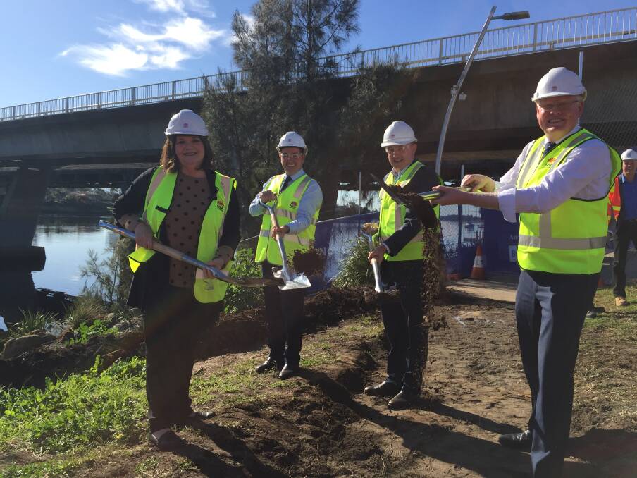 AND SO IT BEGINS: South Coast MP Shelley Hancock, NSW Minister for Regional Transport and Roads Paul Toole, assistant minister to the Deputy Prime Minister, Kevin Hogan, and Kiama MP Gareth Ward turn the first sod on the new $342 million Nowra bridge.