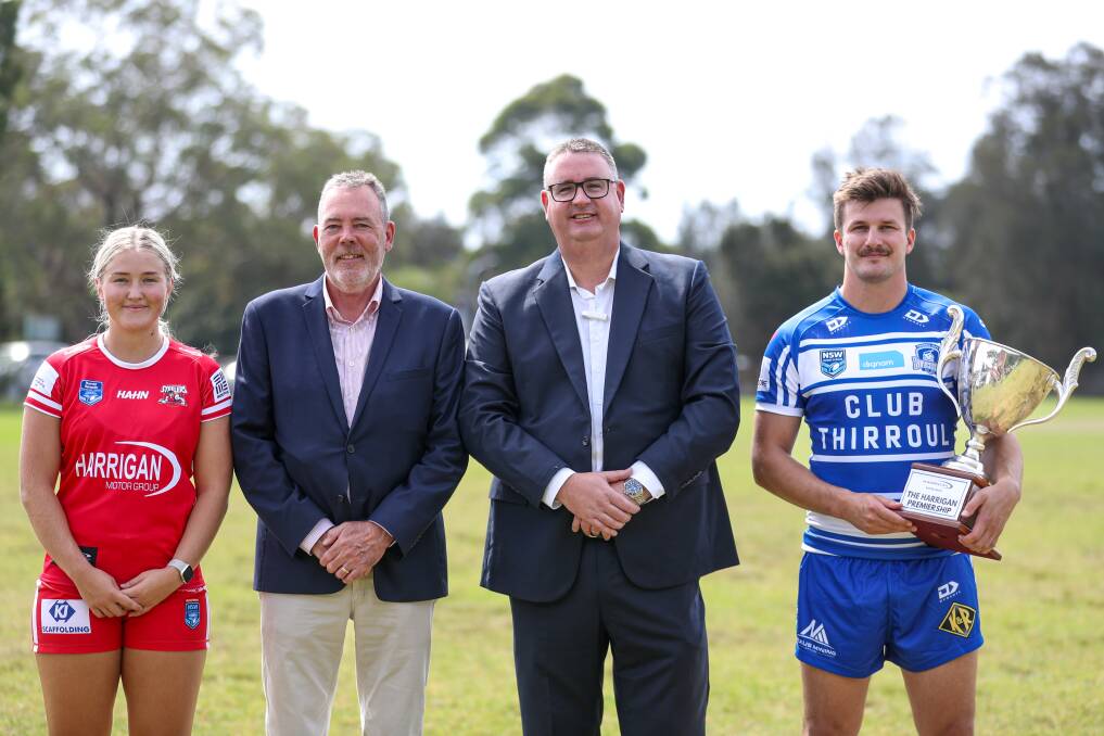 L to R Steelers captain Lily Rogan, IDRL chairman John Brannon, Harrigan Motor Group principal Wes Dawson and Thirroul Butchers captain Hayden Crosland. Picture by Adam McLean 