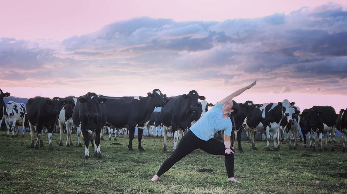 UNITED FOR FARMERS: Yoga teacher Chantal Pierce will lead the Bending for Bales yoga class on August 26 in Milton. Photo: Sophie Nowlan.