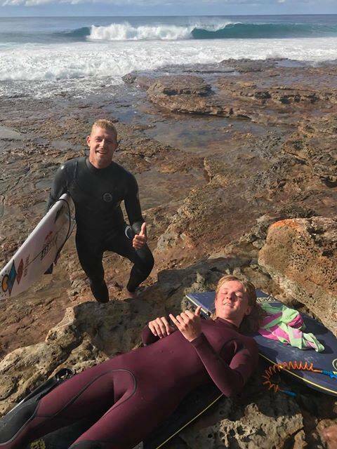 Mick Fanning and the injured bodyboarder, Declan. Picture: Toll Ambulance Rescue Facebook.