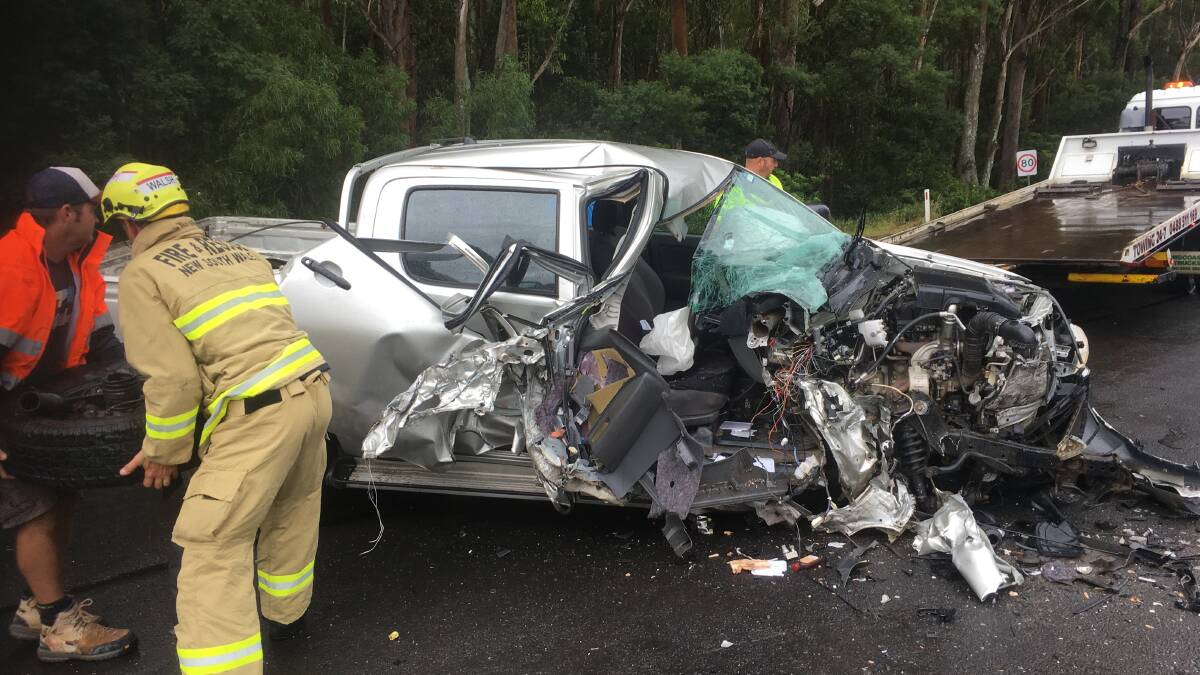 The driver of the ute (pictured) was found unconscious by members of the public following a collision on the Princes Highway, Milton on Sunday, March 17. Picture: supplied.