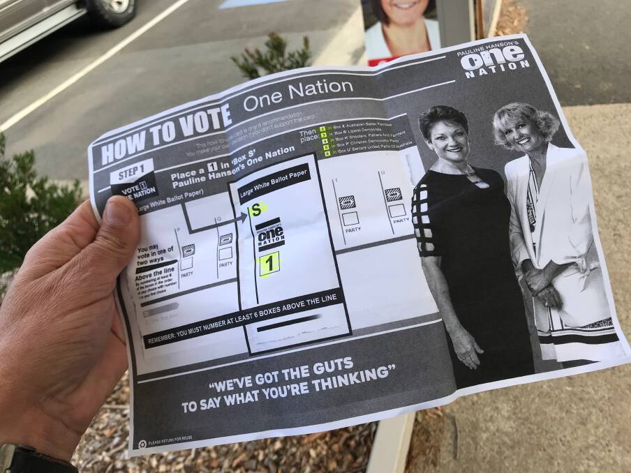 An unauthorised One Nation how-to-vote card. The authorisation is on the backside of the original One Nation forms.. Picture: ACTU.