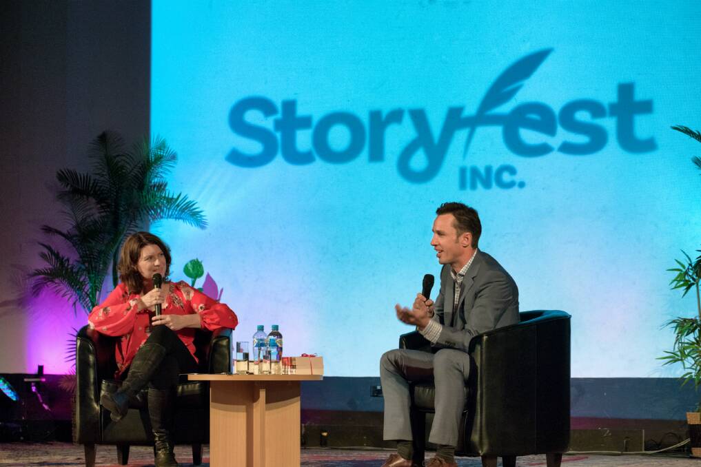 ART OF STORYTELLING: Literary award judge Suzanne Leal interviews author Markus Zusak at the launch of Storyfest Inc festival at Milton Theatre in October 2018. Picture: Julie Fox.