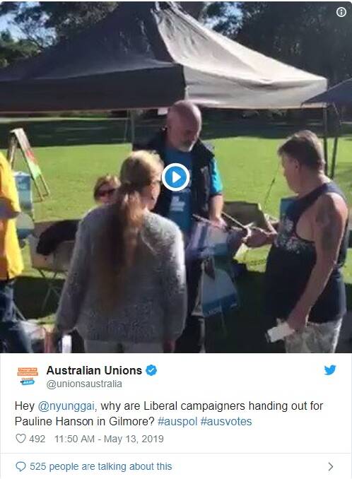 Video captures Liberal volunteer handing out One Nation how-to-vote card at Gilmore pre-poll