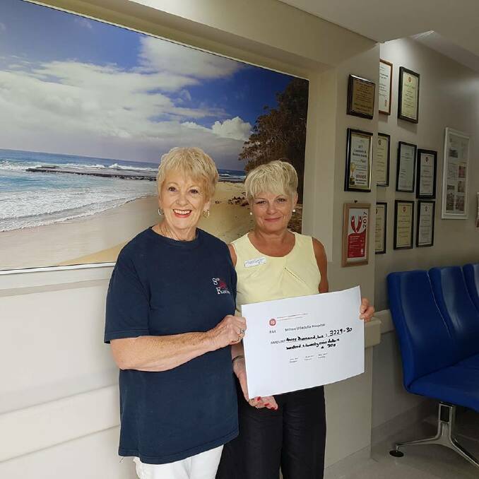 Milton Ulladulla Hospital Auxiliary president Judy Bond presents a cheque for $3,229.30 to Milton Ulladulla Hospital Director of Nursing and Midwifery Teresa Williams. Picture: supplied.