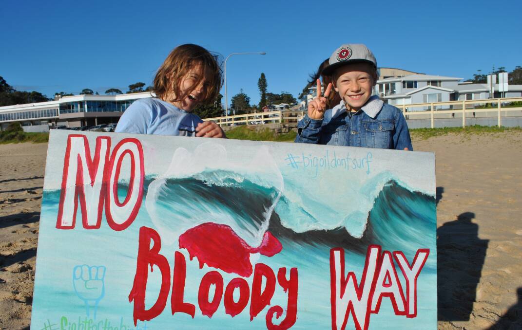 Manyana's Joey Bastock and Burrill Lake's Jacob Price were among many children at the peaceful protest against Norwegian oil campany Equinor's plans to commence exploratory drilling the Great Australian Bite.