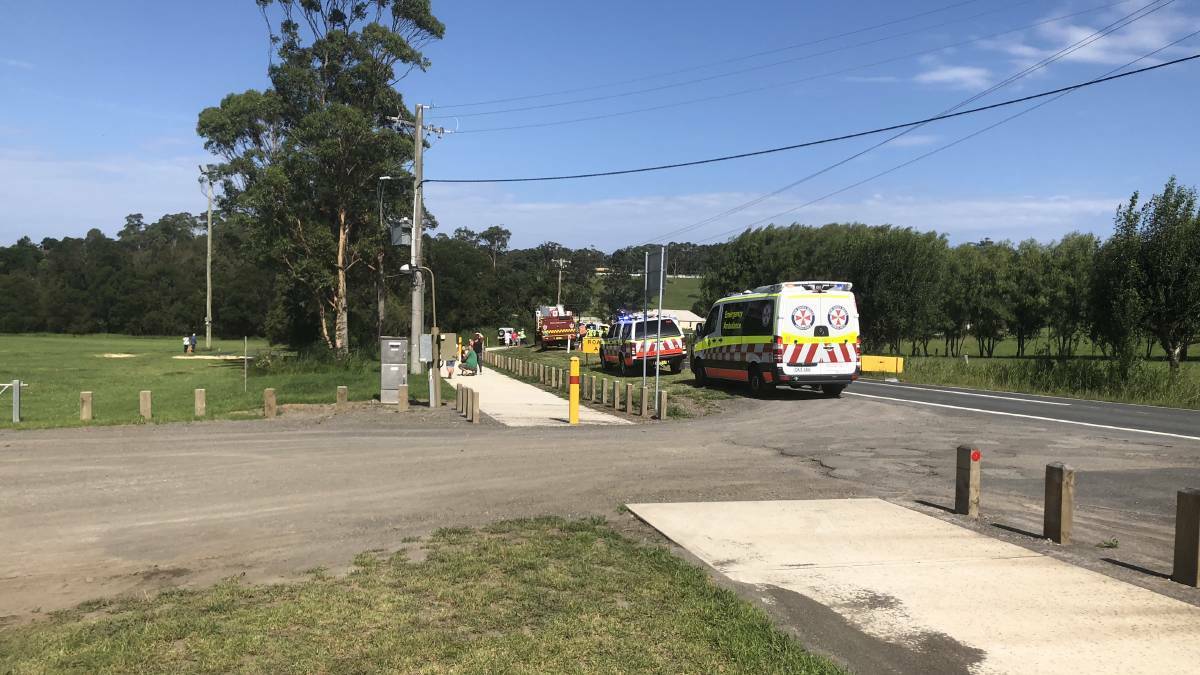 Emergency services at the scene of the crash on Matron Porter Drive, near the Frogs Holla sporting fields, in January. Photo: Sally Foy.