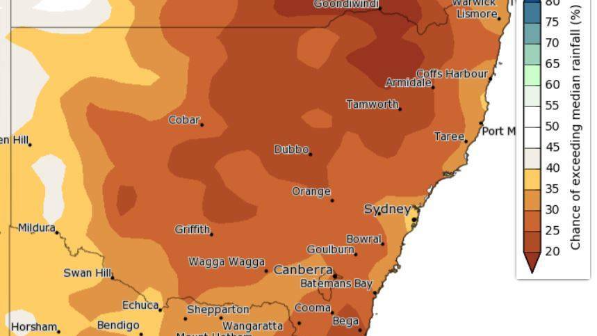 DRY TIMES: There is very little chance of good rainfall across large parts of NSW this summer, forecasters say. Image: BUREAU OF METEOROLOGY.