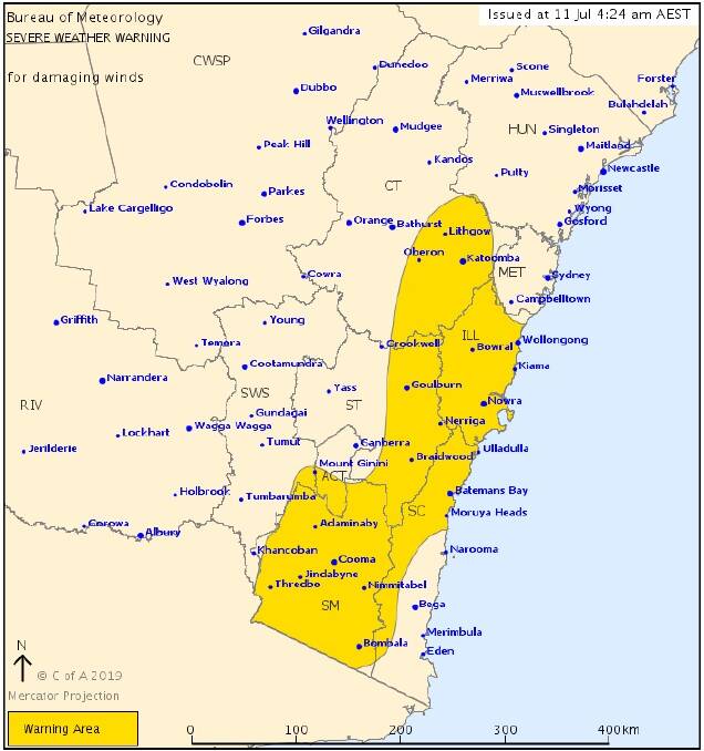 Bureau of Meteorology's weather warning advises residents of damaging winds averaging 60 to km/h are possible for northern parts of the South Coast. Picture: BOM.gov.au.