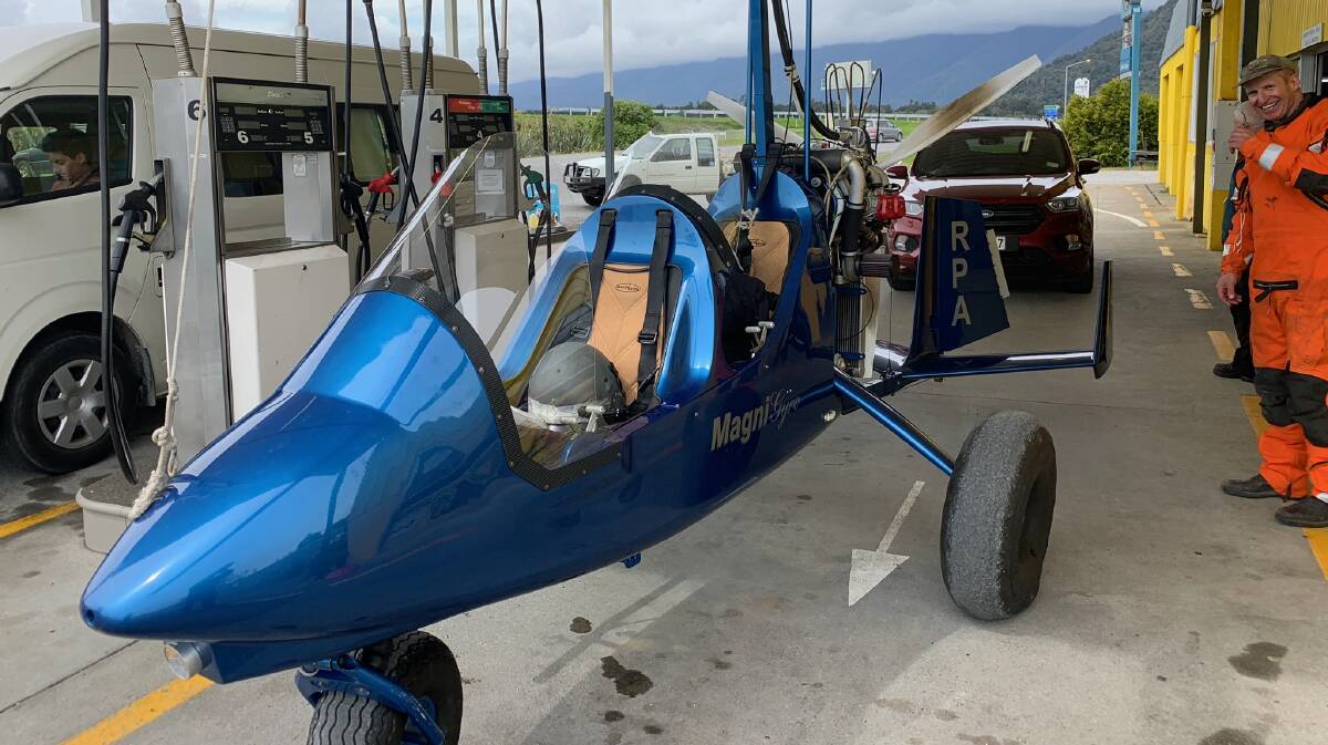 TRAVELLING: Milton's Nolan Harvey met the gyrocopter pilot when he was filling up at a petrol station in New Zealand. Send pics to editorial@ulladullatimes.com.au. 