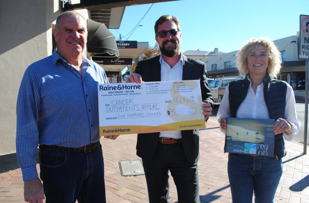 Cancer Outpatients Appeal of Milton Ulladulla president Peter Still and secretary Tina Burnham receive vital funds for the purchase of defibrillators from Raine and Horne Mollymook/Milton director Ben Pryde (centre). 