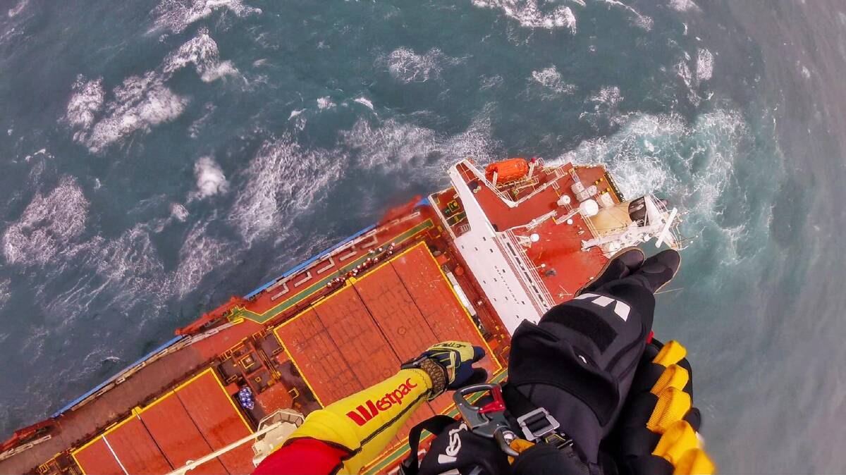 Rescue crews attempt a test winch onto the Portland Bay. Picture: Westpac Life Saver Rescue Helicopters