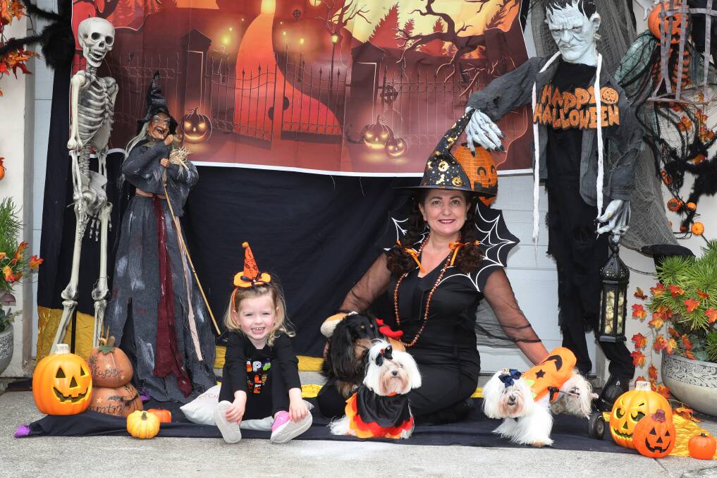 South Coast resident Liz Kemp with her niece Rosie Glover, 3, and dogs Lacey, London and Dutchess all set for Halloween. Picture: Robert Peet