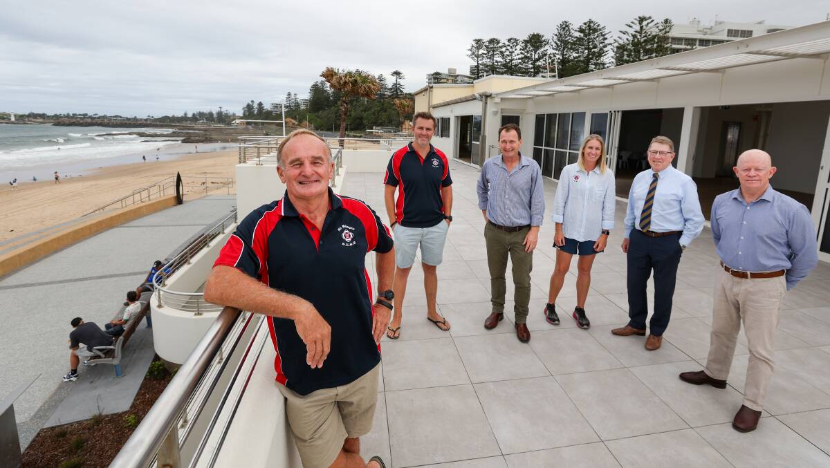 North Wollongong Surf Life Saving Club president David Meredith with James Brighton, Michael Croghan, Belinda Jacobs, Mark McDonald and Bruce MacDonnell on the balcony of the clubhouse. Picture by Adam McLean