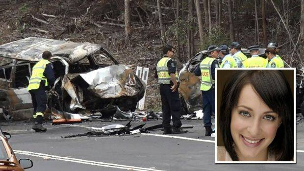 The scene of the Princes Highway accident, and (inset) actor Jessica Falkholt, who remains in a critical condition. 