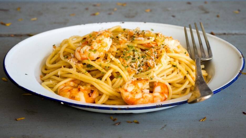 Flavour boost: Spaghetti of prawns and prawn oil with parmesan. Photo: Adam Liaw.