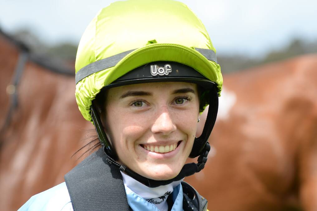 WINNING SMILE: Warrnambool's Laura Lafferty after winning her maiden race as a jockey aboard Fearless Falcon on Saturday. Picture: Ross Holburt/Racing Photos 