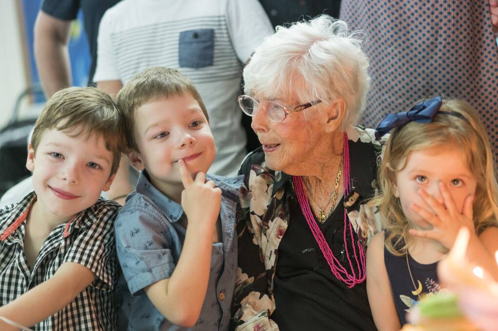LOVE: Joy's twin grandsons Ryder and Hunter McCormack help celebrate her 100th. Photo contributed. 