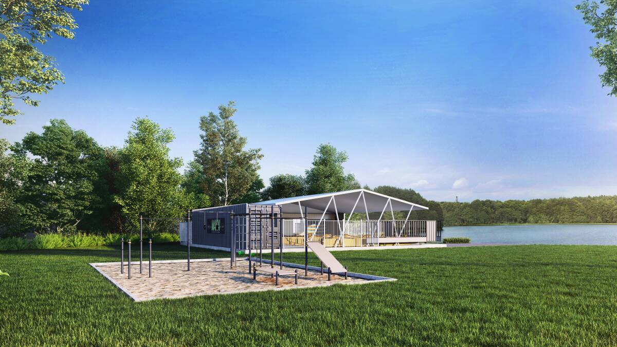 The proposed boat storage facility, drawn by Exceed Building and Design. The playground is superimposed to reflect the type of play equipment in the park currently. 