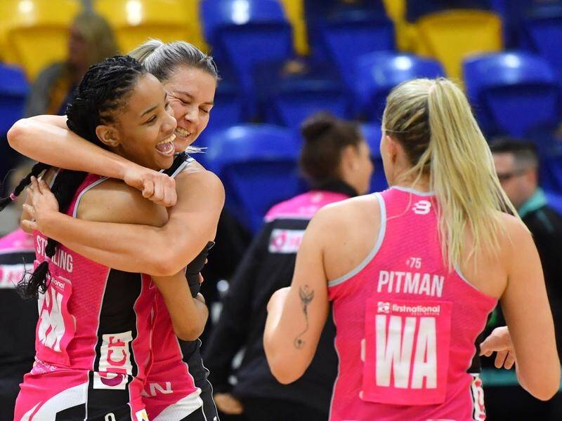 Shamera Sterling (l) starred in the Adelaide Thunderbirds' surprise win over the Melbourne Vixens.