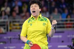 Jian Fang Lay will combine with Minhyung Lee in the table tennis women's doubles gold medal match. (Darren England/AAP PHOTOS)