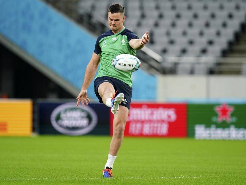 Johnny Sexton practices kicking ahead of Ireland's Rugby World Cup quarter-final with New Zealand.