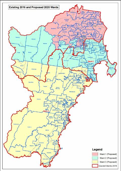 A map showing the existing ward boundaries and the proposed changes for 2020. Source: Shoalhaven Council. 