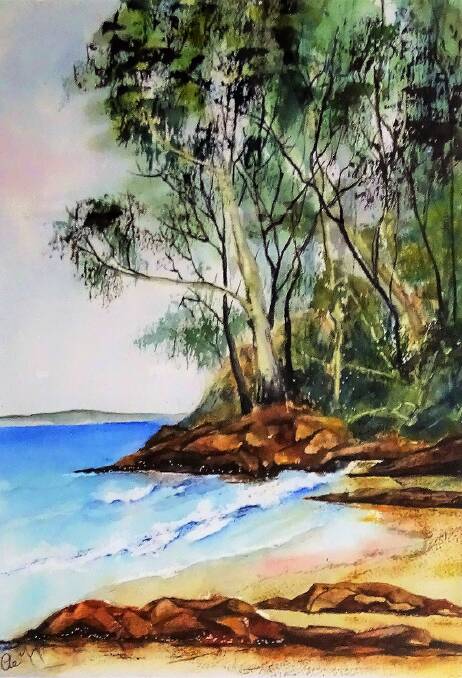 Shoalhaven Landscape: A watercolour painting of Orion Beach in Vincentia by artist Anne Fry, showcasing the beauty of Jervis Bay. One of the may artworks featuring in this year's SeeChange festival. Photo: supplied. 
