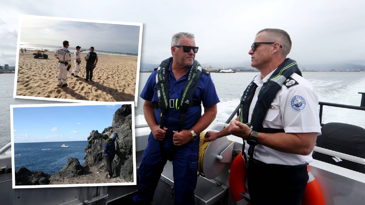 Marine Rescue NSW Inspector Stuart Massey and Commissioner Alex Barrell at Port Kembla on December 4, 2023, with (inset) police during a search for a swimmer off Fairy Meadow Beach in October, 2023 and rescuers off Kiama Blowhole in May, 2023. Pictures by Sylvia Liber, Robert Peet