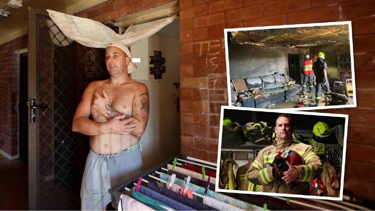 Todd Street resident Luke Bartlett and (insets) the burnt-out unit and Fire and Rescue NSW Station Officer Mick Adams. Pictures by Sylvia Liber, Anna Warr