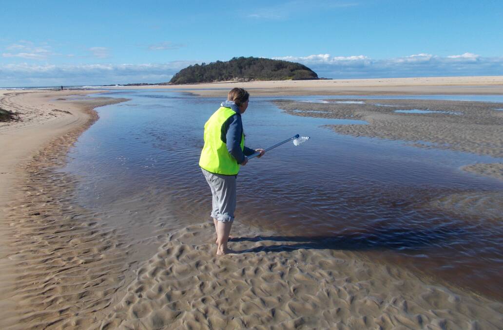 A volunteer prepares to collect a water sample.