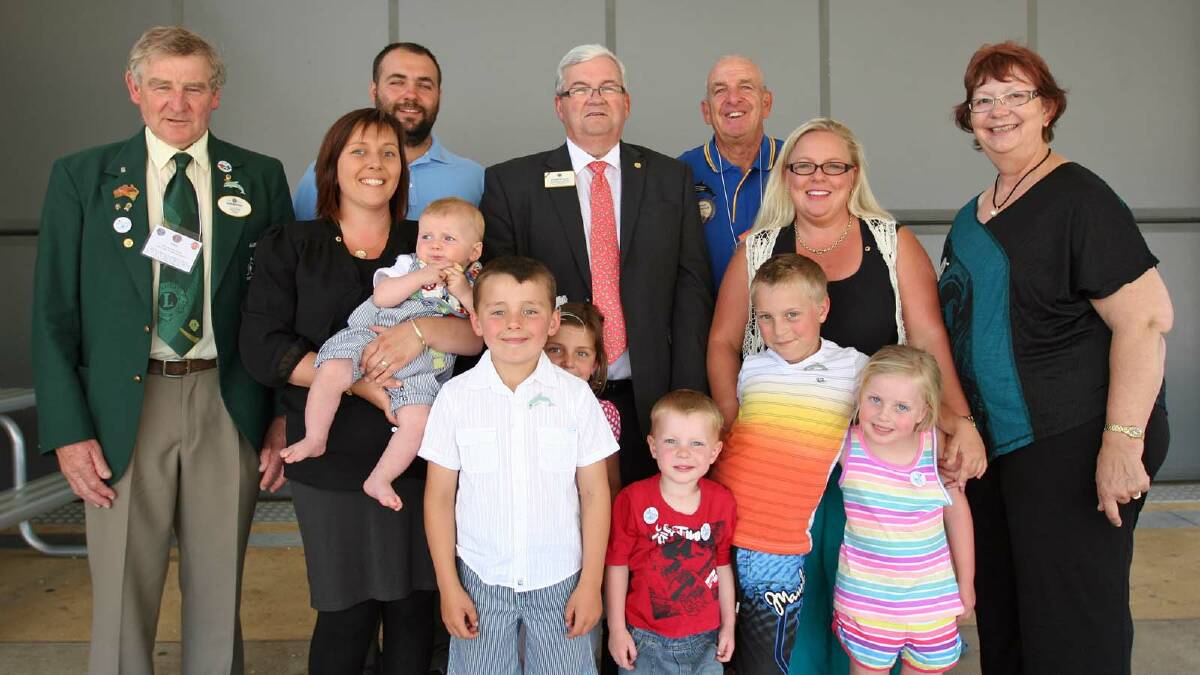 PRIDE OF THE DISTRICT: Lions District Governor Allan McDonald (left), Lion International Director Steve Glass, Ulladulla-Milton Lions Club president Brian Thompson and Lion Ann McDonald welcome founding members of MUD Pride, president Pride Rachael Martin and husband Shannon with children Ashton, Annie-Maree and Cody, and vice president Amy Whiteman with children Hayden, Sienna and Noah.